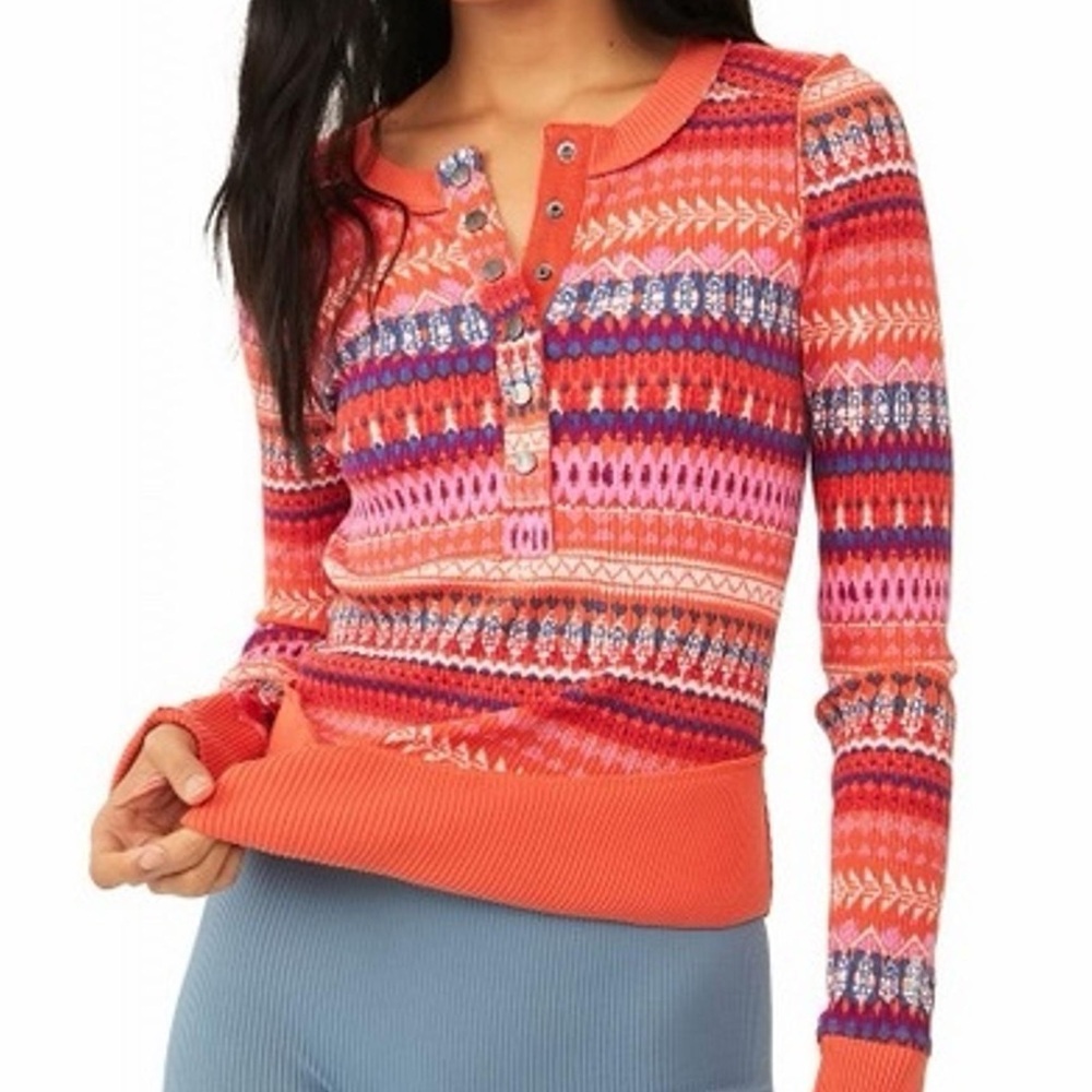 Free People Movement Orange, Pink and Purple Knit Henley Top